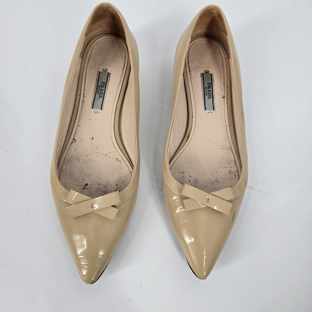 Prada Nude Patent Leather Bow Point Toe Ballet Flats Size 37